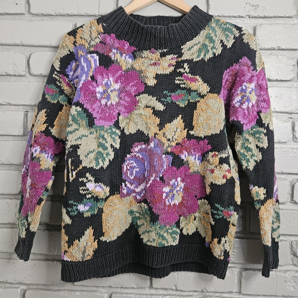 Vtg Ralsey Womens Sweater‎ M Floral Intarsia Knit Pink Rose Cottagecore 80s 90s